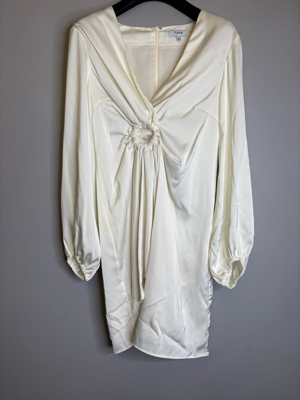 Fate Ivory Satin Long Sleeve O-Ring Ruched Plunge Mini Dress Womens Size S